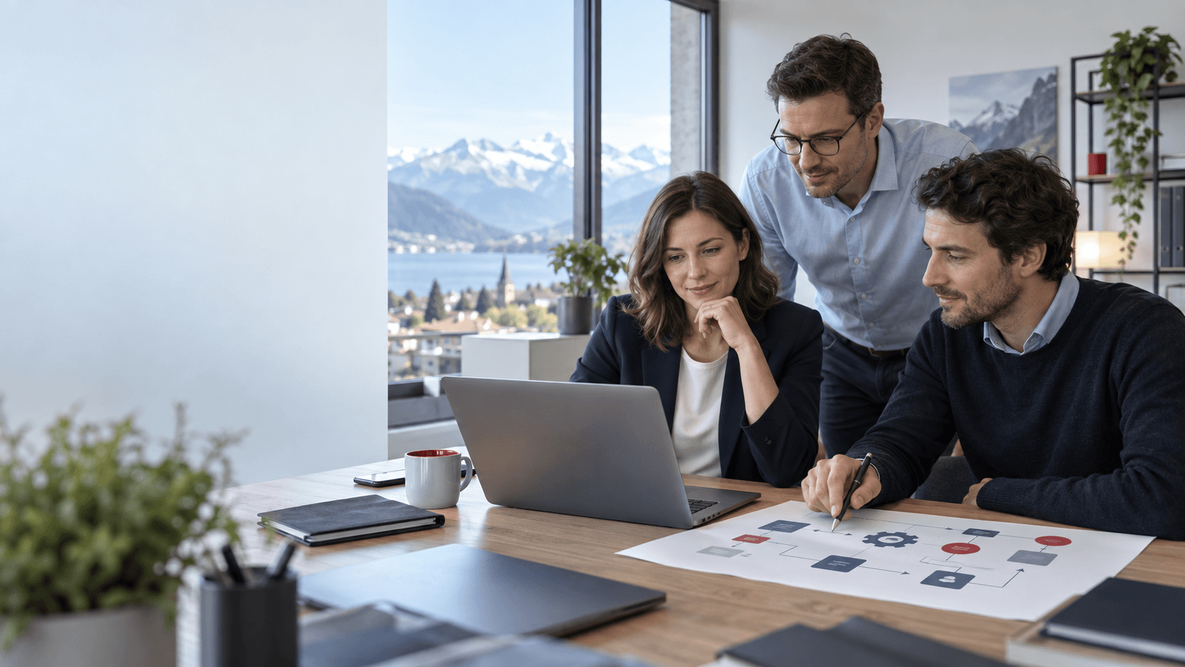 Équipe de PME suisse qui valide un processus d'automatisation IA