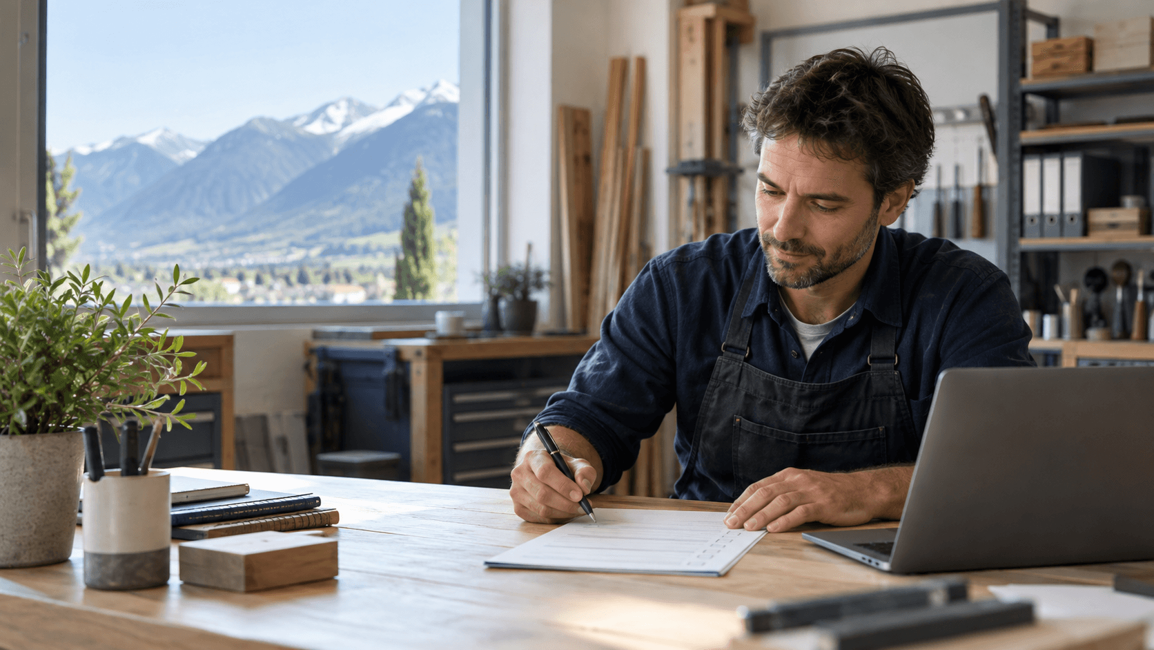 Dirigeant de PME suisse organisant ses tâches de travail à son bureau.