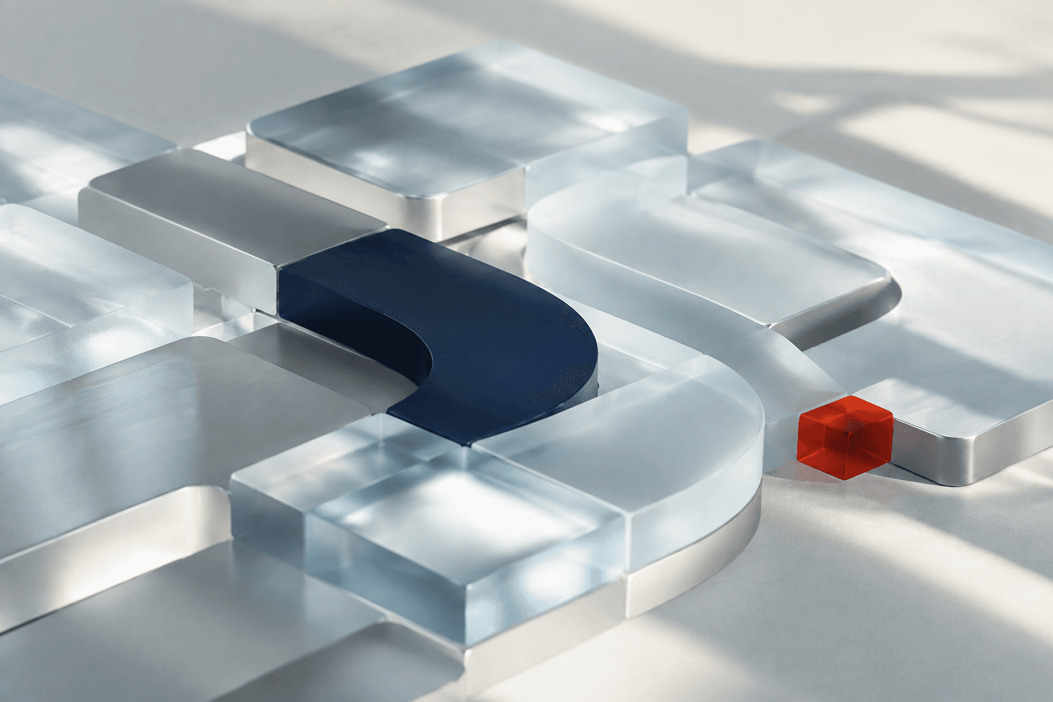 Composition contemporaine de verre et de métal évoquant un processus de travail connecté.